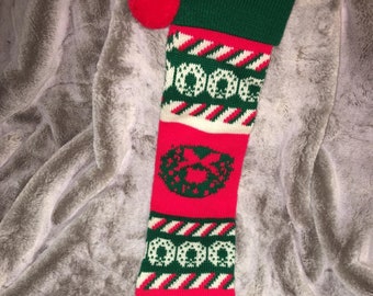 Vintage knit Christmas Stocking Sock like Sweater material Wreaths Red Green White Red Pom Pom ECU 24"