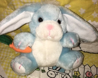 Vintage Russ Bunny plush Chubby small Blue Bunny Buck Teeth Holding Carrot Rabbit Easter 5"