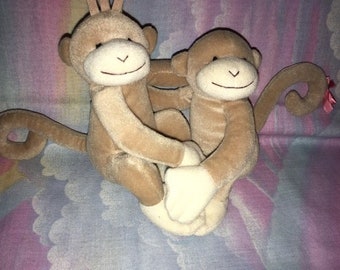 Vintage Dakin Monkey pair Monkeys 5" light brown Beige Girl Boy small Applause Hugging