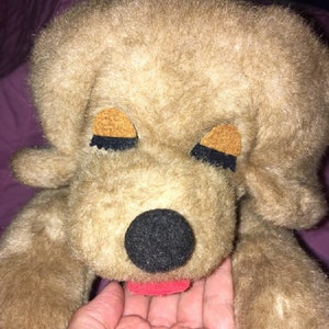 Vintage Dog plush Felt Tongue Made in Korea Eyelashes Sleeping Brown Ears Round Nose Puppy 20&quot;