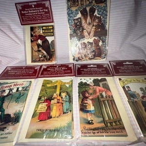 Vintage Shackman-kaart Veel groetverhaal Zesdelige uitvouwbare Robinhood Drie blinde muizen Roodkapje Old Mother Zoo Beste wensen gestanst