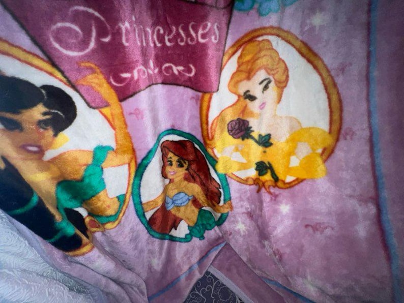 K&ouml;nnte beinhalten: Eine rosa Fleece-Decke mit Prinzessinnen-Motiv. Die Decke zeigt drei Prinzessinnen in ovalen Rahmen. Die Prinzessinnen sind Jasmin, Belle und Arielle. Der Text "Princesses Only" befindet sich oben auf der Decke.
