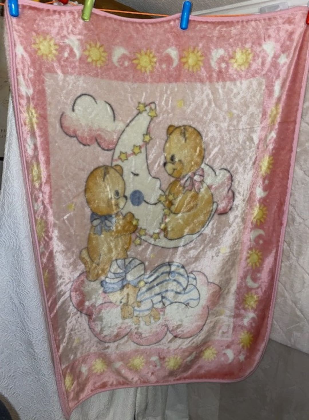 Vintage Baby Blanket Bears Moon Stars Sleeping Teddy Pajamas Shiny Pink