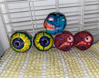 Vintage Freakballs Ball Monster scary Faces 3D Slimy Slugger Soccer Scumball Icky Eyeball Lot ECU 1999 crazy looking Freak