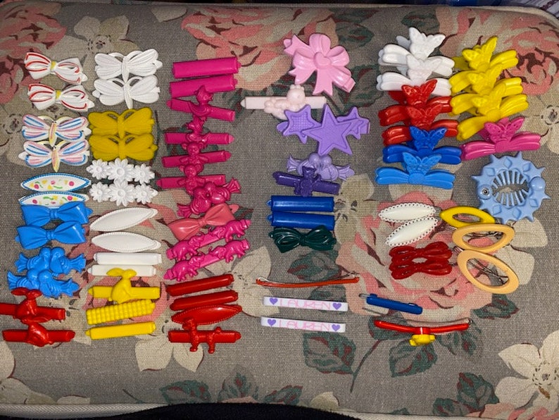 Vintage Hair Barretts Metal plastic Clips Ponytail flowers Animals Lot sets Girls doll braids Accessories butterflies Hearts Cats birds image 10