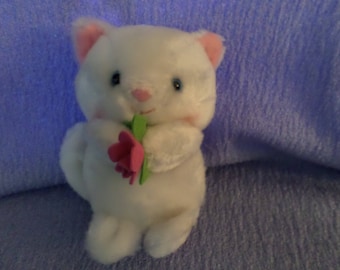 Kristie Cat plush Russ White holding Pink felt flower Blue eyes 5&quot; New Vintage 80&#39;s Kitty Lovers name