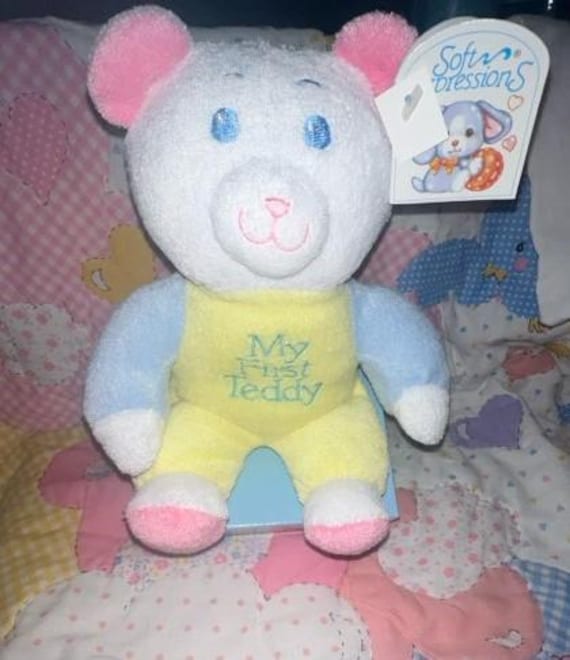 Vintage My First Teddy Plush Terrycloth Rattle Sound Inside Blue