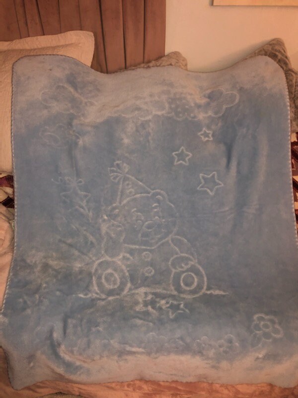 Vintage Baby Blanket Clown Bear Stars Clouds Flowers Outline Solid Color Blue ECU