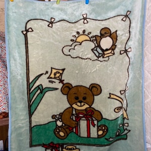 Vintage Baby Blanket Bear Kite Tail Presents Bird Envelopes Mouse Cloud Sun Opening Grass Mint Green Blue Trim ECU