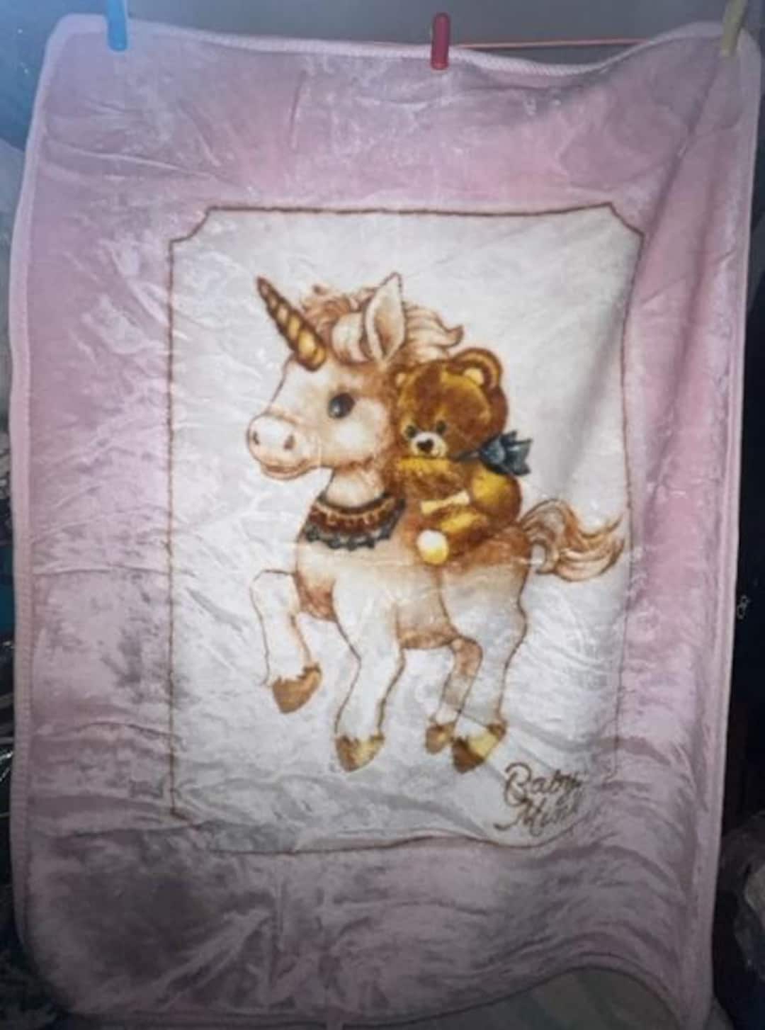 Vintage Baby Blanket Unicorn Teddy Bear Ribbon Riding Pink Cream