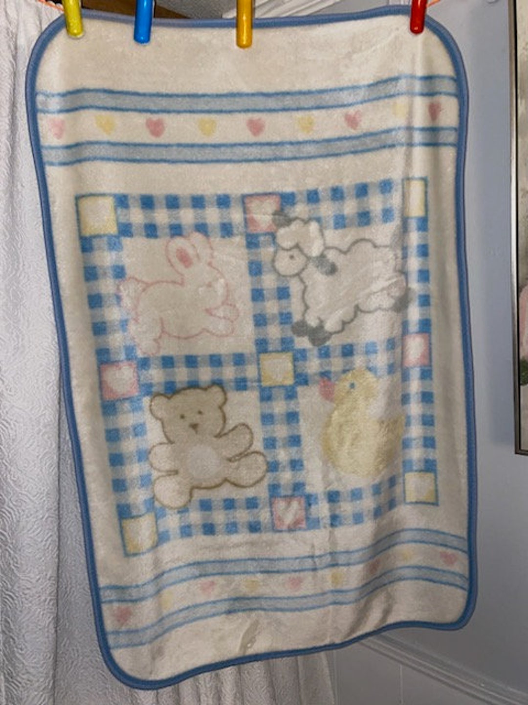 Vintage Baby Blanket Pink Yellow Hearts Blue Gingham Duck Teddy Bear
