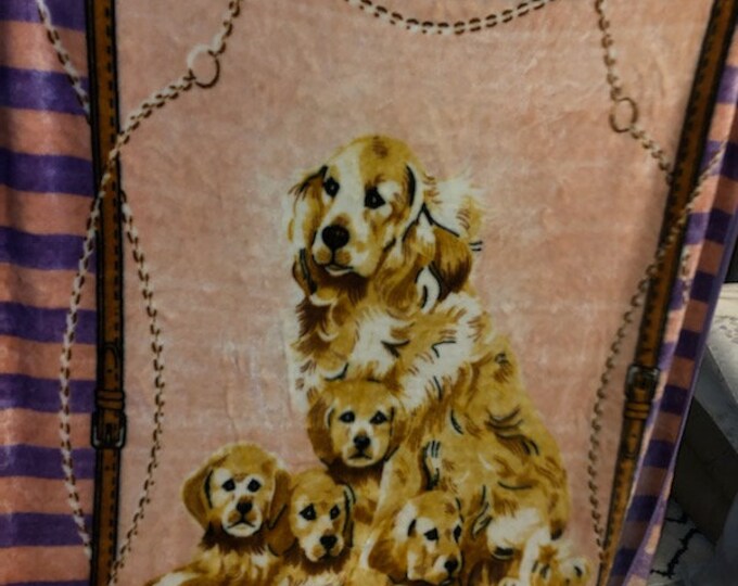Vintage Novatex Blanket Dog Golden Retriever Mommy Puppies Pink Purple