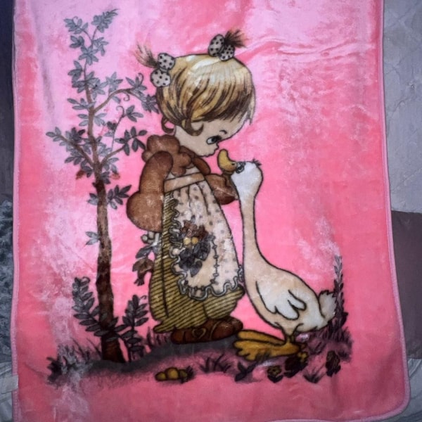 Vintage Baby Blanket Girl Goose Flowers Bird Darker Pink Version Tree Behind her Hair bows ECU 45.5" x 50.5" Heart on Brown Shoes Precious