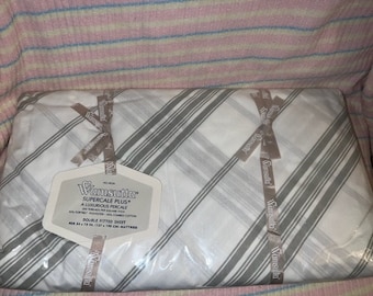 Vintage Wamsutta Double Fitted Sheet Christian Dior White Silver Sterling Stripe NIP