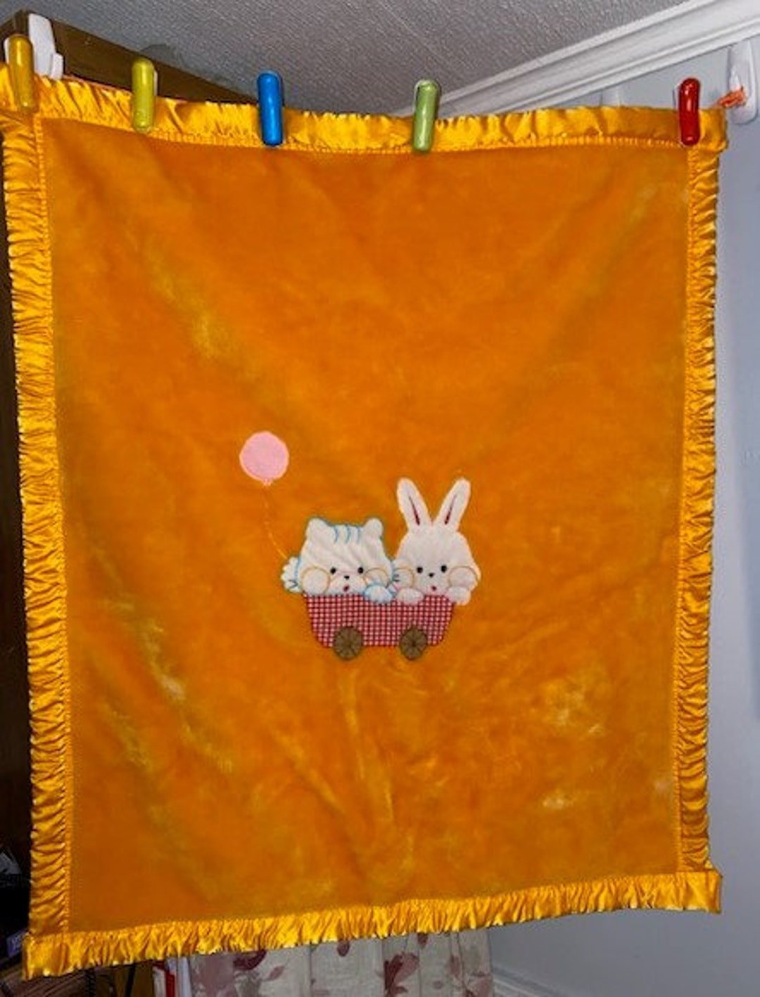 Vintage Baby Blanket Bunny Bear Inside Wagon Gingham Thick Orange Plush