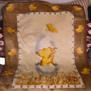 Vintage Baby Blanket Duck Egg Hatching Ducks border Brown Yellow Beige straw ECU