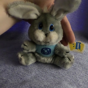 Easter Hare Dakin Heritage NWTS small 6&quot; Blue T shirt symbol Vintage Gray rabbit Buck Teeth Blue eyes Dated 1980 New old stock hug me