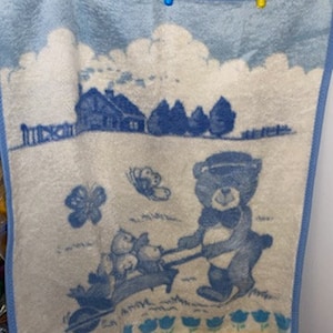 Vintage Baby Blanket Bear Hat Bowtie Wheel Barrel baby Birds Butterflies Farm House ECU Trees Tulips House Chimney Smoke Blue White Yellow