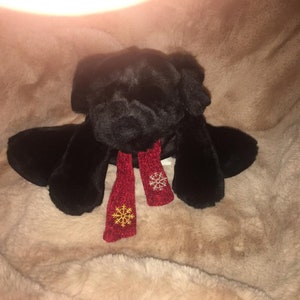 Vintage Commonwealth Dog plush All Black Maroon Velour Scarf Gold Silver Embroidered Snowflake Christmas Puppy 10&quot; ECU