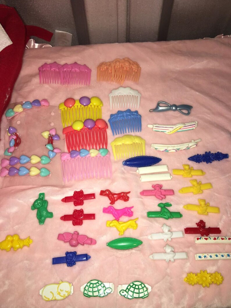 Vintage Hair Barretts Metal plastic Clips Ponytail flowers Animals Lot sets Girls doll braids Accessories butterflies Hearts Cats birds image 3