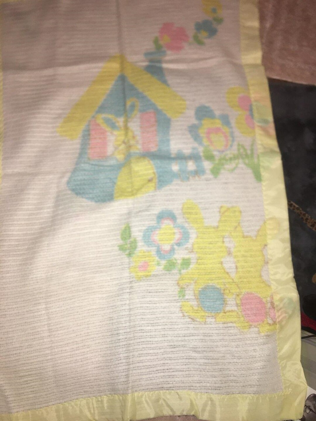Vintage Baby Blanket Bunny House Yellow Trim Bunnies Pink Blue Tail