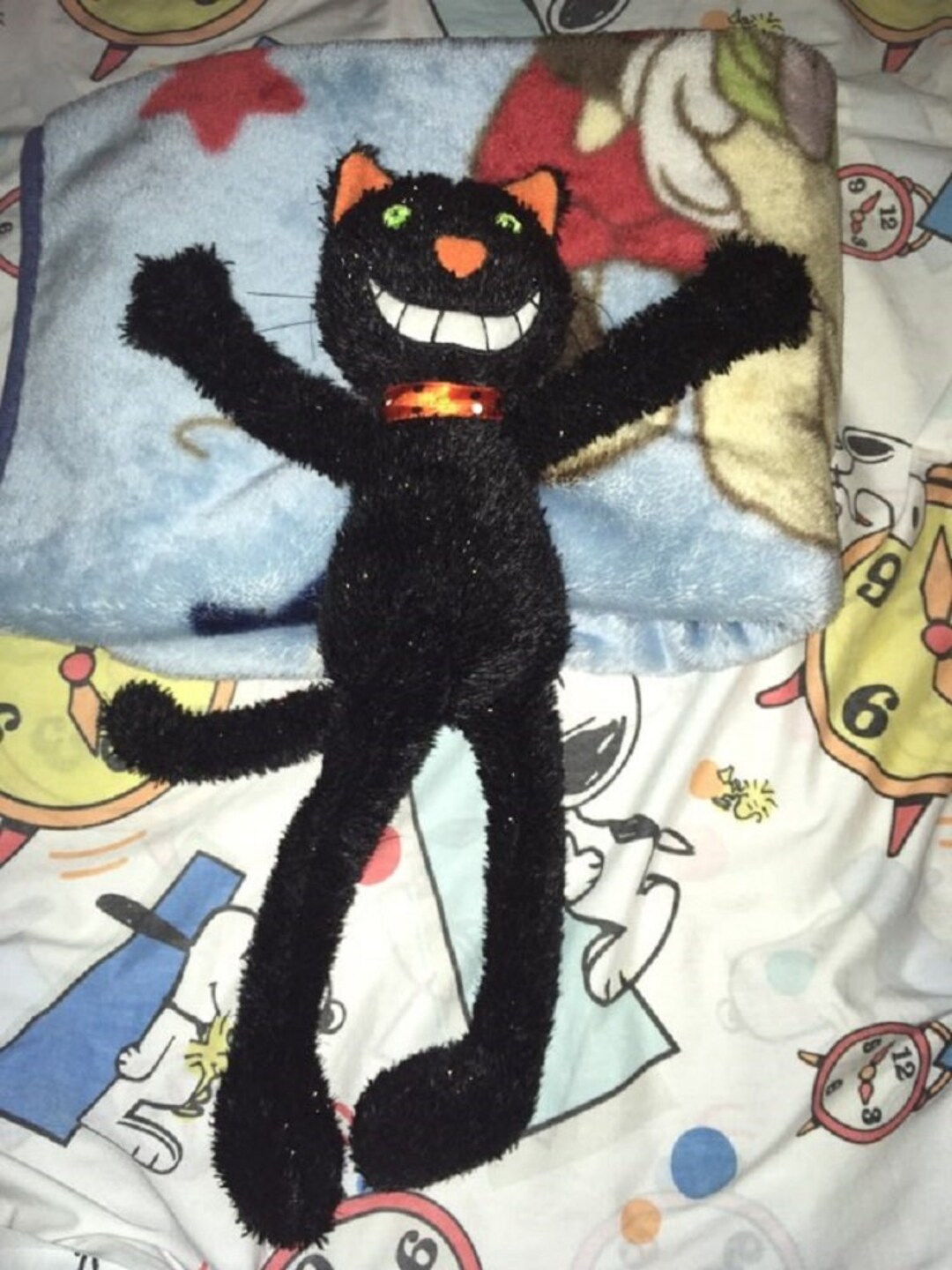 Vintage Hallmark Cat Plush Black Halloween Big Smile Green Velour Eyes