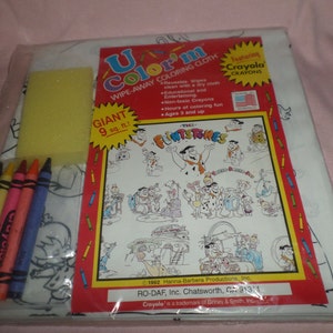 Vintage The Flintstones Coloring Mat Reusable wipes clean U Color m Fred Wilma Barney Betty Pebbles Bam Bam Dino Slate NIP  9 Sq Feet