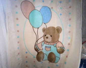 Vintage Baby Blanket Bear Balloons Overalls Polka Dots Creamy pastel Teal Balloon Light Blue Circle ECU Cream Trim