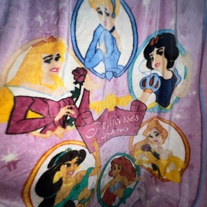 K&ouml;nnte beinhalten: Eine lilafarbene Fleece-Decke mit einem rosa, gelben und wei&szlig;en Design mit Disney-Prinzessinnen. Die Decke hat ein Banner mit der Aufschrift "Princesses of Dreams".