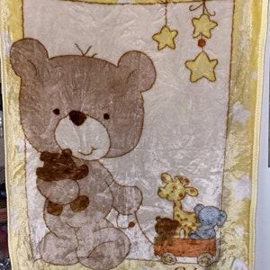 Vintage Baby Mink Bear Blanket Wagon Toys Giraffe Elephant Teddy bear Yellow ECU 42&quot; x 53&quot;