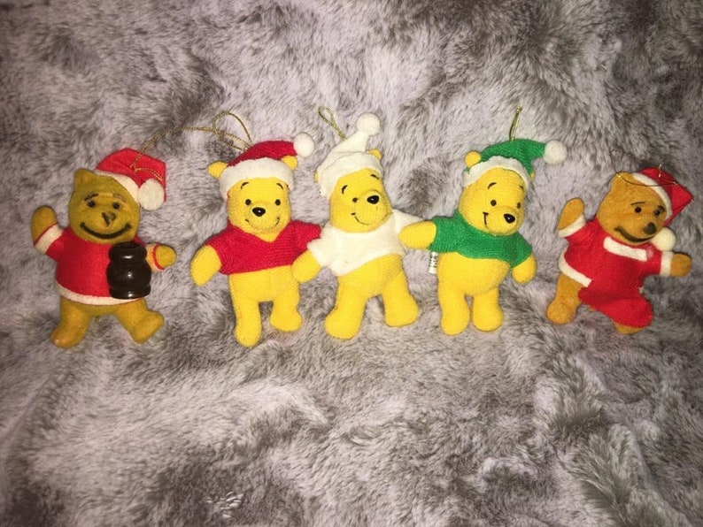 Vintage Winnie the Pooh Ornament lot plush and Flocked Disney 5 total 3.5