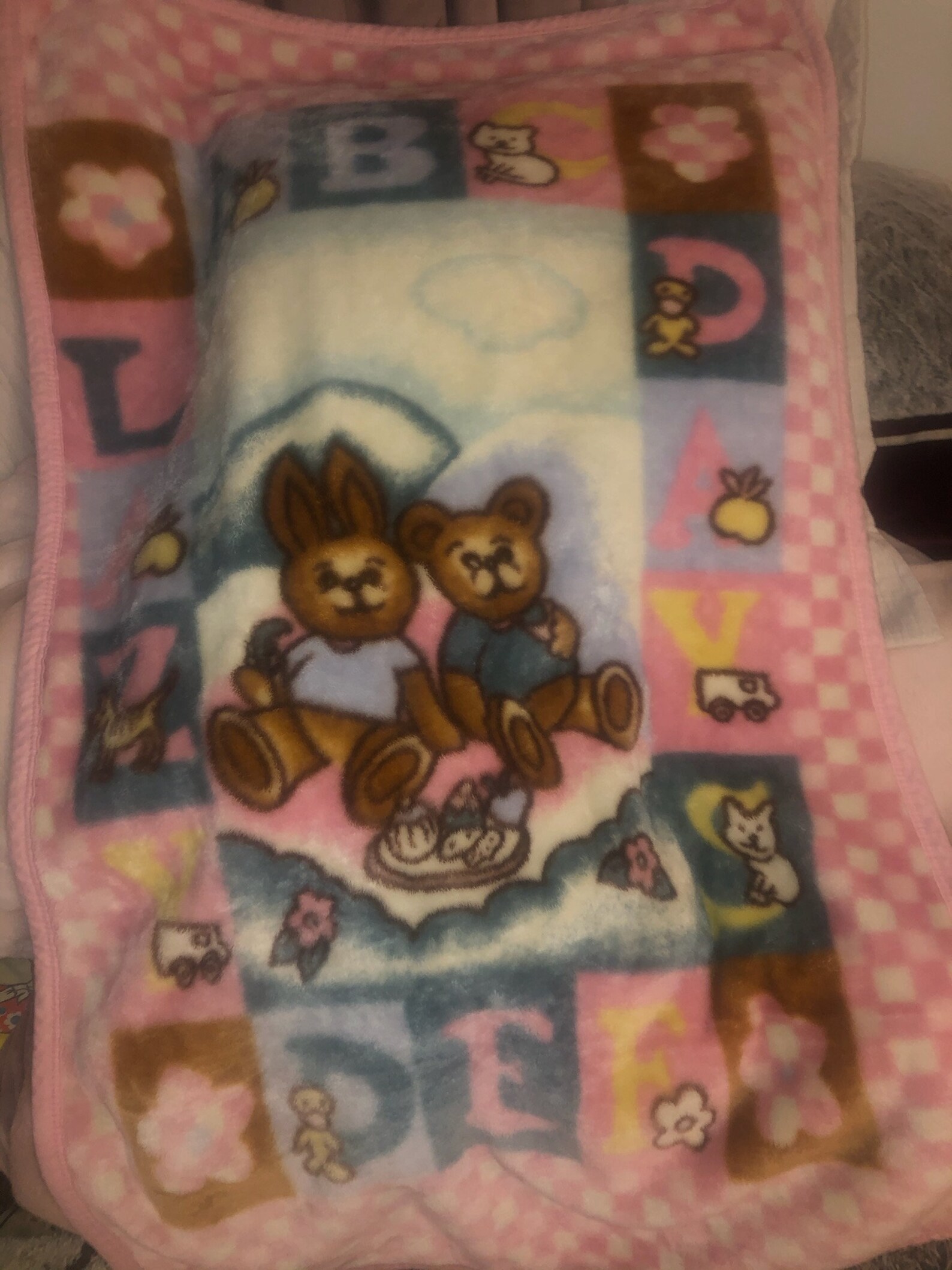 Vintage Baby Blanket Bunny Bear ABC Blocks Pink White Plaid Etsy