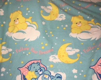 Vintage Care Bears Baby Blanket Toddler fleece Aqua blue moon color Pink follow your dreams letters Bedtime Funshine Cheer sleeping