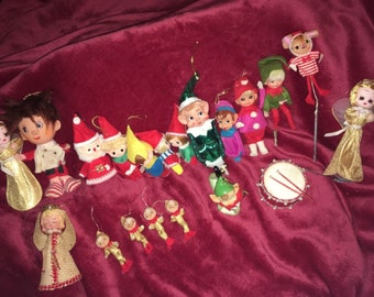 Vintage Knee Hugger Elf  lot Pixies Tree topper Rubber face Felt plant Elves mixed bunch 20 Christmas Ornaments