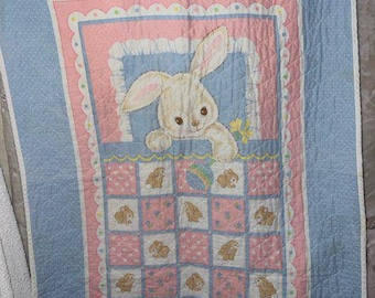 Vintage Bunny Quilt Wall Hanging Thin Bedtime Rabbit Rattle Bunnies Blue Pink VGC Handmade Fabric