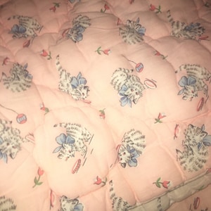 Cat Baby Blanket Kittens Pink white Print both sides Drinking Milk Playing reversible sleeping Blue Bow on kitty ECU Quilted 33&quot; x 41&quot; ECU