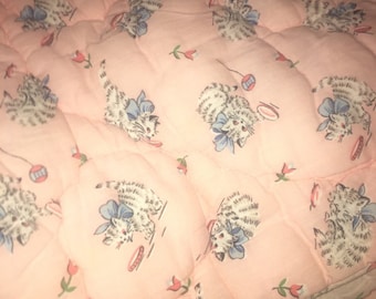 Cat Baby Blanket Kittens Pink white Print both sides Drinking Milk Playing reversible sleeping Blue Bow on kitty ECU Quilted 33&quot; x 41&quot; ECU