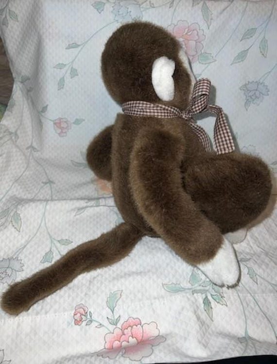 Vintage Sanrio Monkey Plush 1976,1987 Brown White Gingham Ribbon