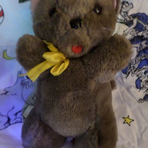 Pamida Stores plush Cat vintage Felt tongue yellow ribbon brown kitty 12&quot;  tail stocky round nose