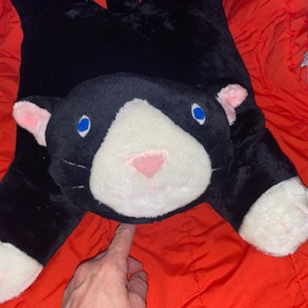 Vintage Cat Pillow Plush Black White Pink Nose Blue Felt eyes 26" white front paws pink Thread VGC