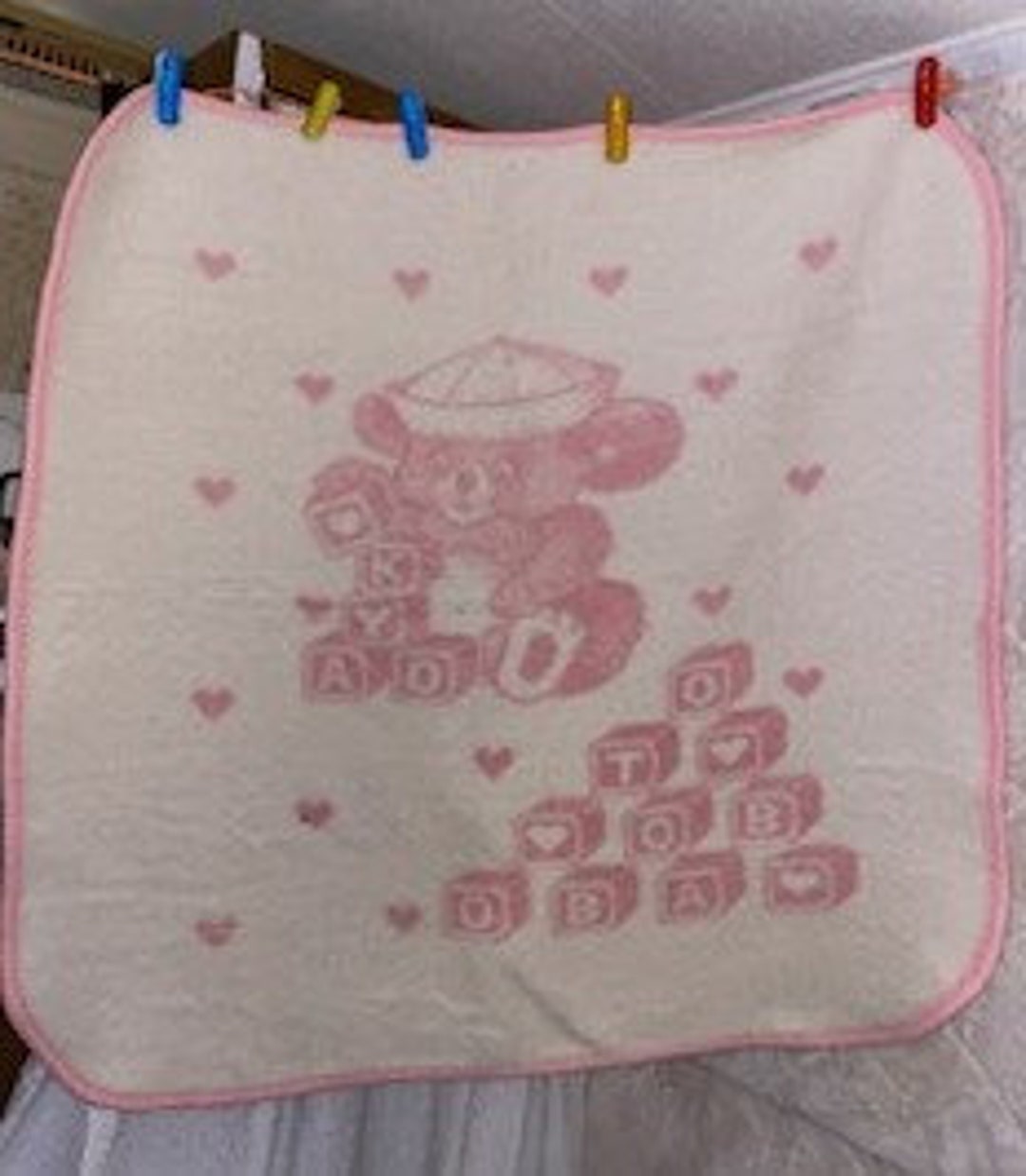 Vintage San Marcos Baby Blanket Bear Bloaks Sailor Hat Pink White 1 Dot