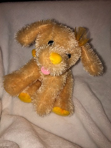 Vintage Animal Alley Dog plush Yellow Fuzzy Puppy Soft Velvet Velour Feet Nose Felt Pink Tongue Heart Collar ECU Sheet Hair Bow