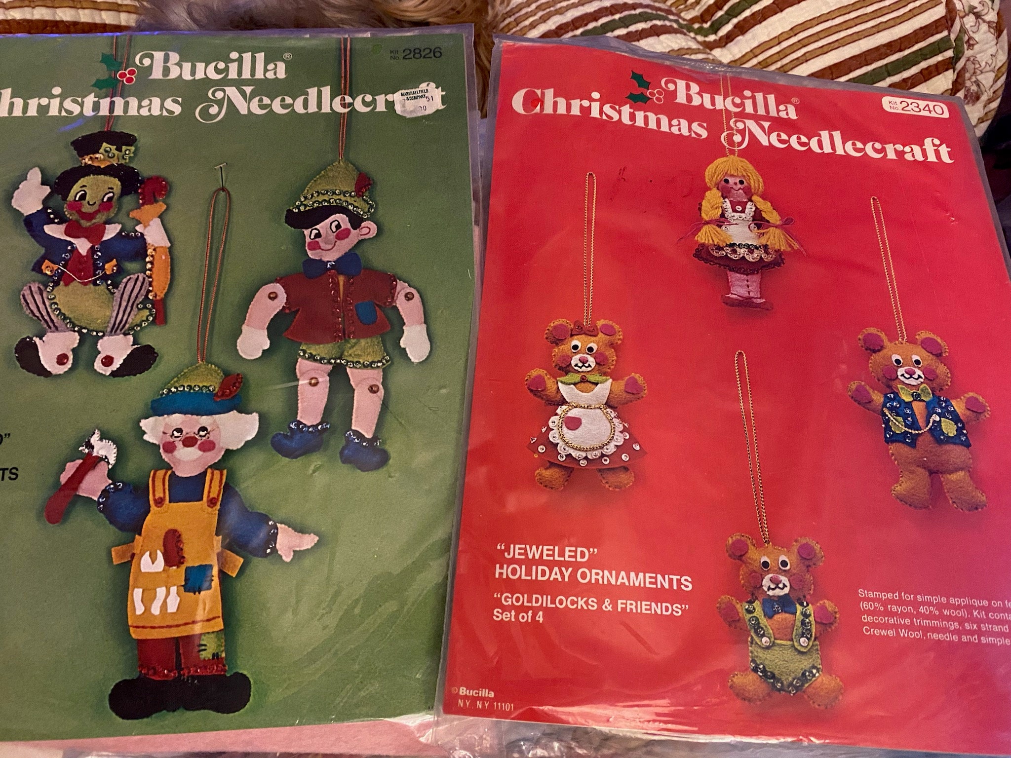 Vintage Bucilla Felt Ornament Lot Christmas Pinocchio Goldilocks Table  Runner NIP 13 Packs Gifts Holiday Hang on Tree Skirt Nativity 