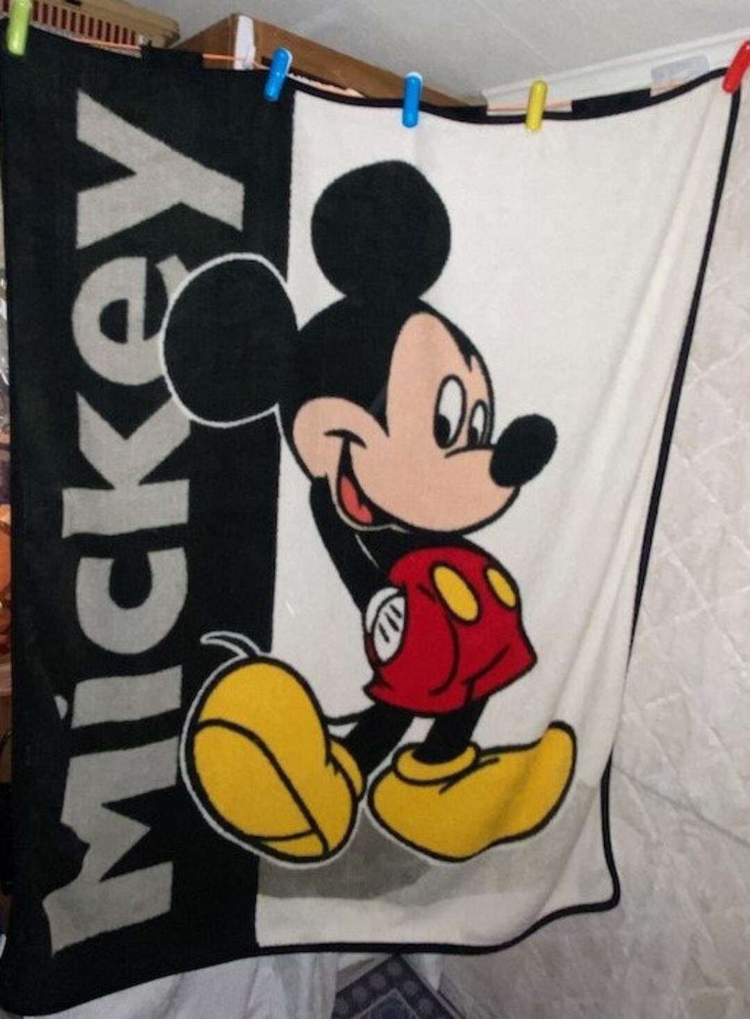 Vintage Biederlack Mickey Mouse Blanket Black White Gray Red Shorts Hands in Pockets MICKEY VGC
