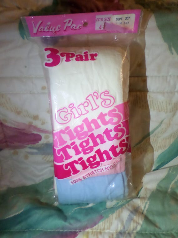 Vintage Girls tights tights tights Pink light blue white remember these stretch nylon soft NIP size 4-6x Value pack adams Millis  35 54 lbs