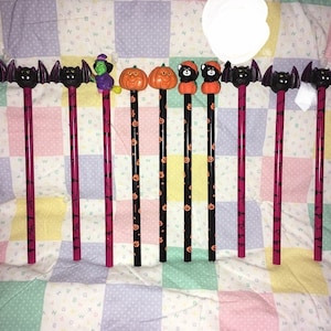 Vintage Pencil Toppers Russ Halloween Bats Pumpkins Cats Witch Christmas Bear Lot of 12 New still