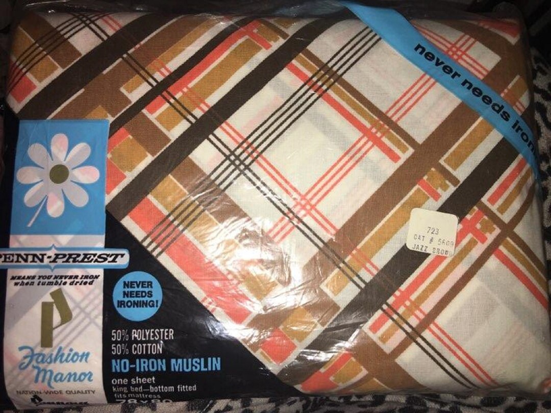 Vintage Pennys Sheet Jazz Brown Plaid King Fitted Matching Pillowcase