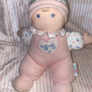 Vintage Eden Doll Plush Hug Me Musical Pink Flowers Hearts Hat ECU Blonde bangs 10.5&quot;
