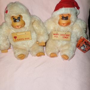 Congo Gorilla plush by Russ Boy & Girl I Love You Merry Christmas Thumb Sucker x&#39;s 2 Vintage Gorillas cream color Santa