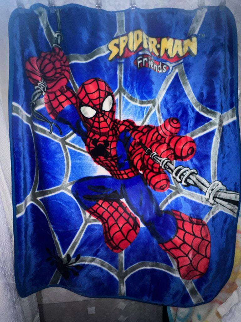 アウトドア寝具 used clothing/spider man knit blanket Spider Man Fleece Blanket Knotted Fringe Ends Spider Sense